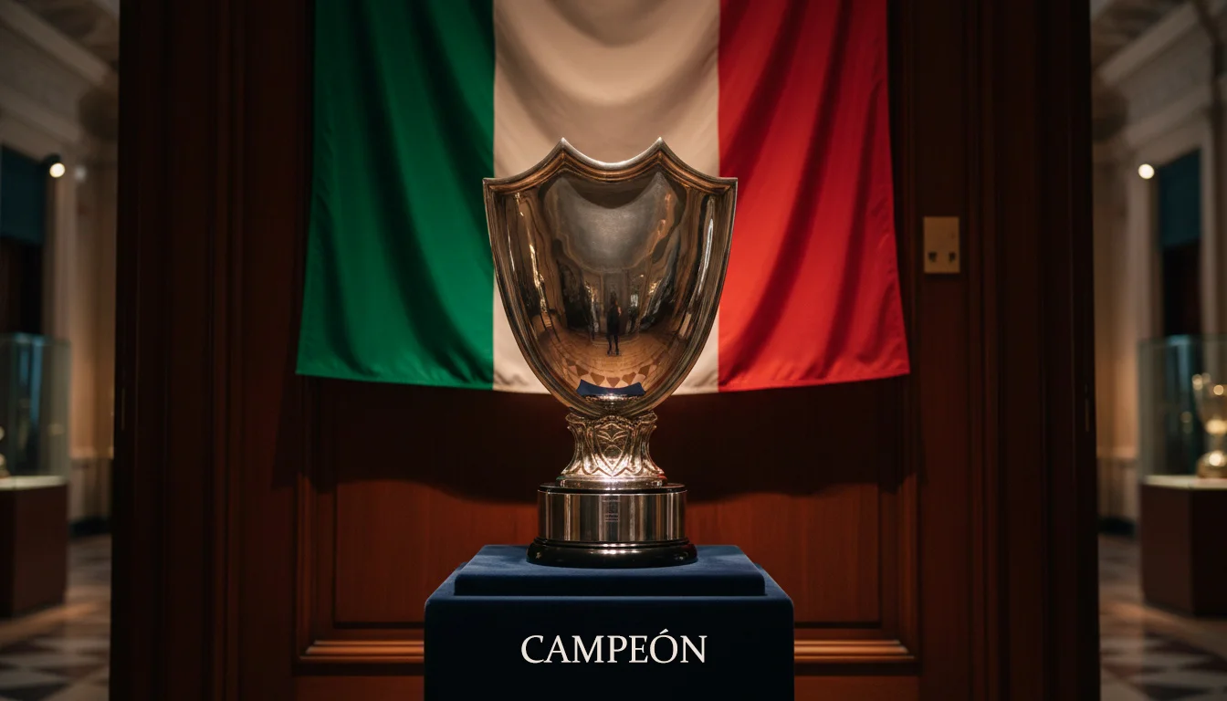 Trofeo del Scudetto de la Serie A italiana sobre un pedestal con una bandera tricolor de fondo
