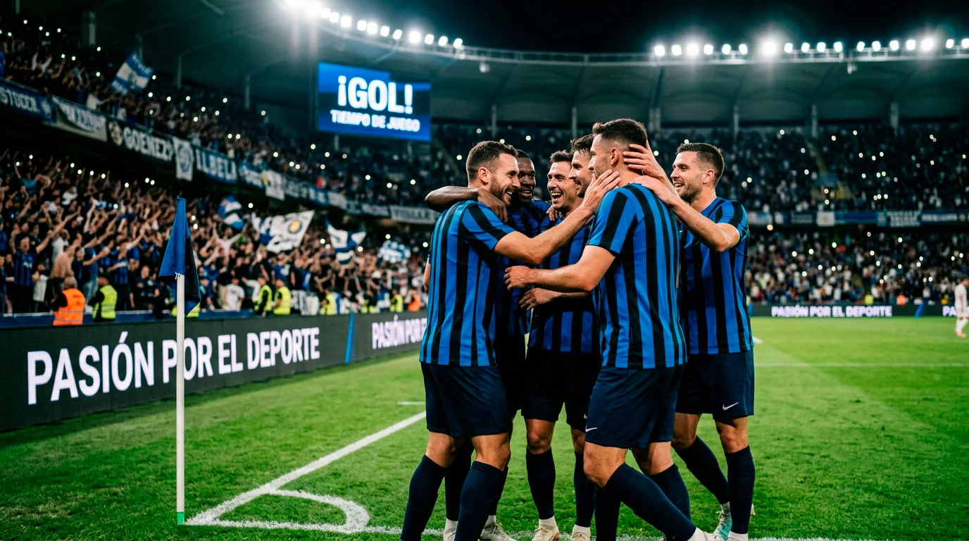 Jugadores de fútbol con camiseta a rayas azules y negras celebrando un gol en un estadio de Serie A