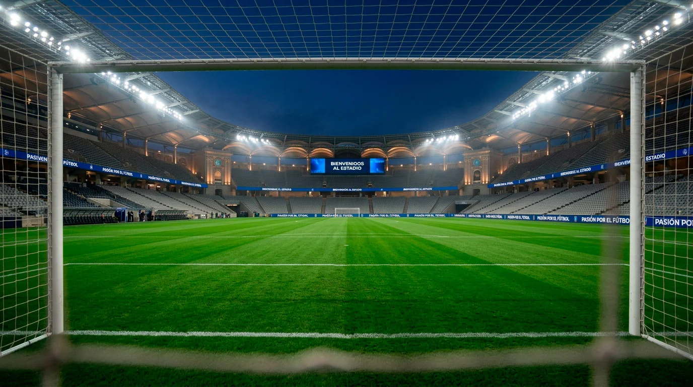Vista panorámica de un campo de fútbol italiano con césped impecable bajo iluminación nocturna durante un partido europeo